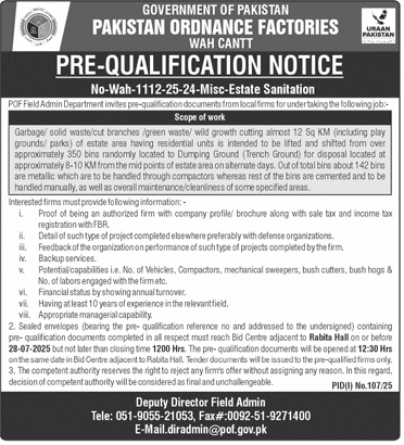 Pakistan Ordnance Factories Wah Cantt Tender Notice